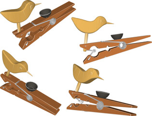 vector illustration of a wooden clip toy design in the shape of a bird eating in a small bowl