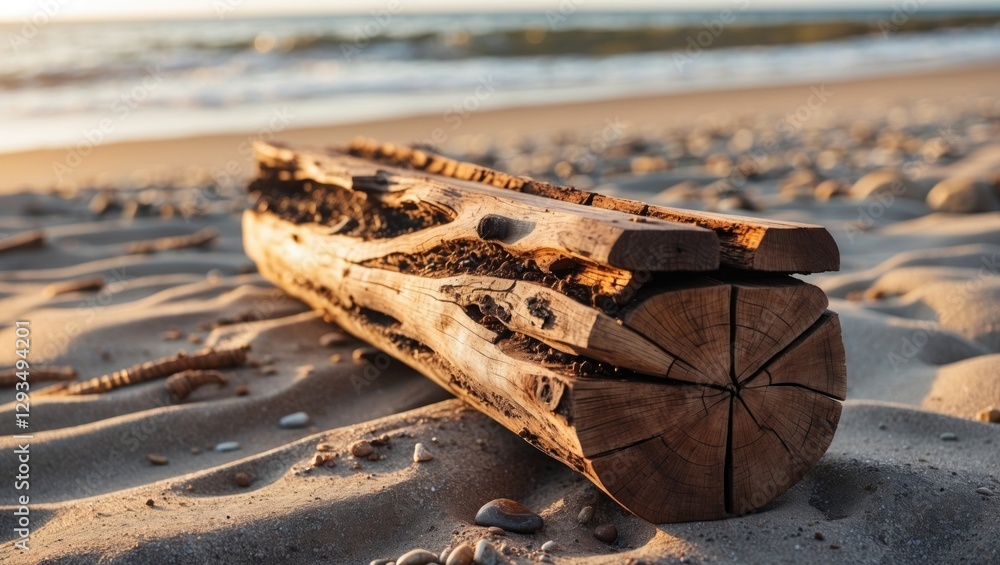 Poster sunset beach scene with weathered wood log on sand and calm ocean waves in background ideal for text