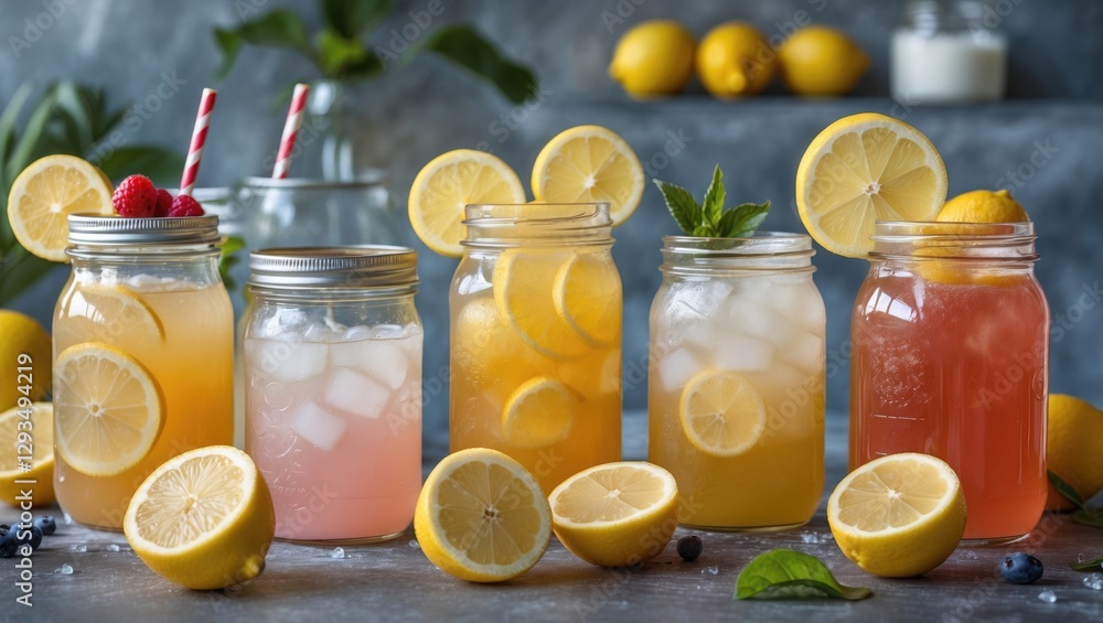 Aufkleber Colorful Array of Refreshing Summer Lemonades in Glass Jars with Fresh Lemon Slices and Berries on a Rustic Background