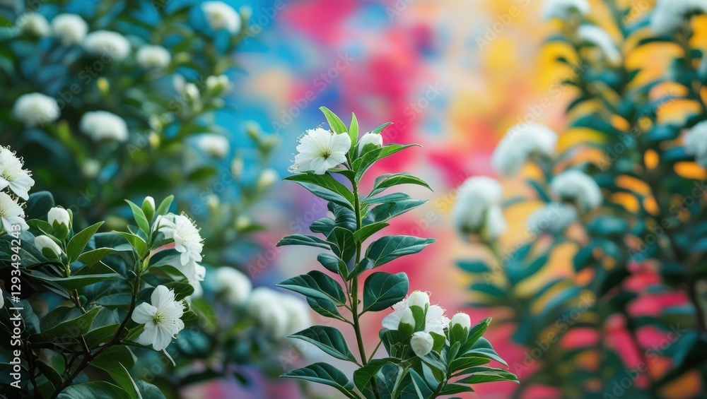 Aufkleber vibrant green bush leaves adorned with white flowers against a blurred colorful background creating 