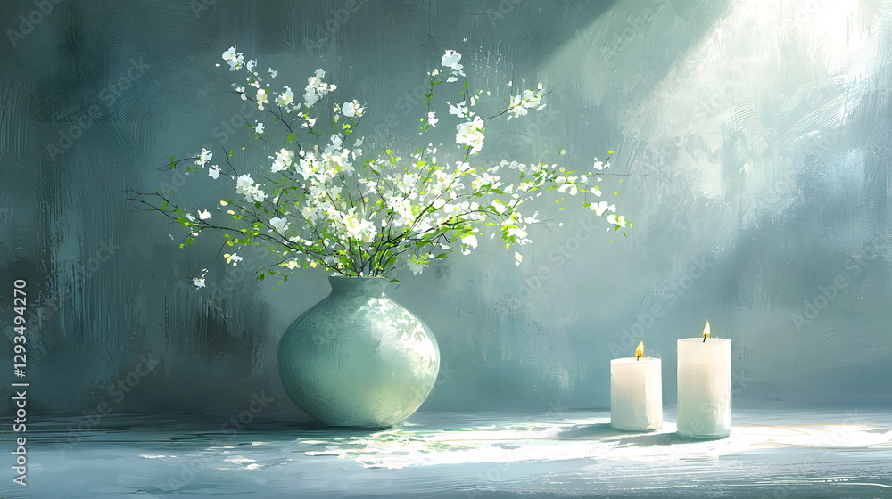 Aufkleber fresh flowers in a rustic vase beside two lit candles on a softly illuminated table with gentle shad