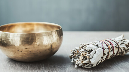 Minimalist meditation setup with Tibetan singing bowl and white sage incense