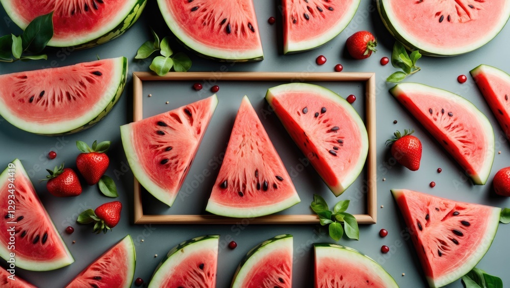 Poster Watermelon Slices Form a Decorative Frame Surrounded by Fresh Strawberries and Green Leaves on a Gray Background with Copy Space