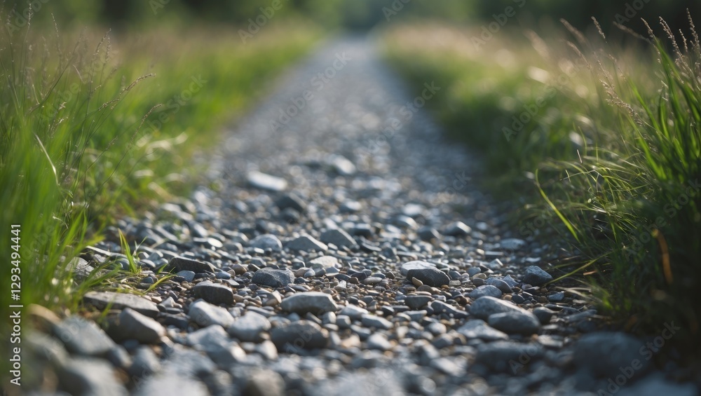 Aufkleber Close up of a gravel path surrounded by grass showcasing selective focus and blurred background in a natural outdoor setting.