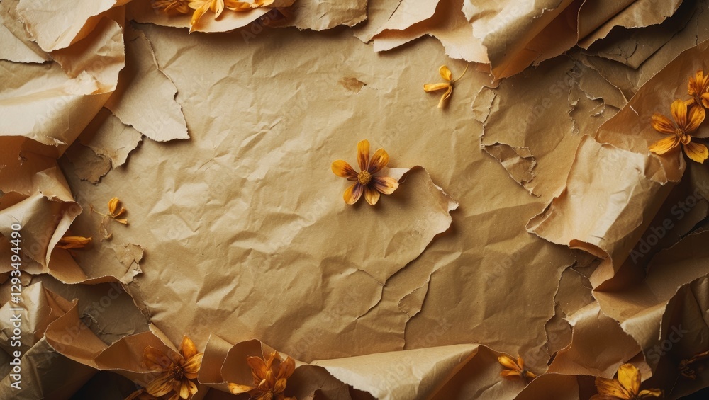 Poster textured vintage paper background with crumpled edges and dried flowers, ideal for adding a rustic t