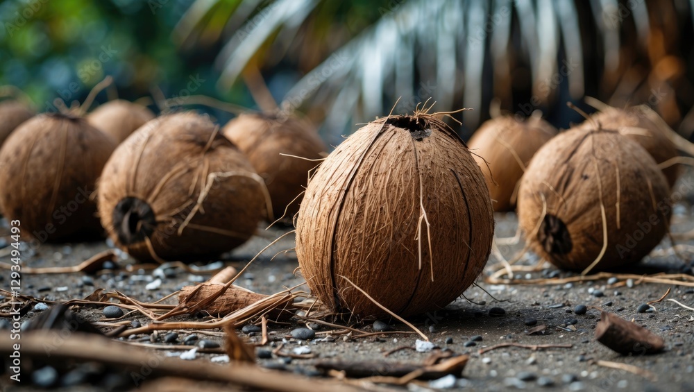 Aufkleber dried and damaged coconuts scattered on ground with lush tropical background in selective focus