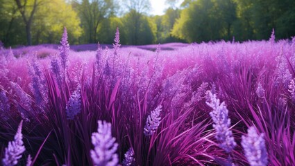 Fototapeta premium Vibrant violet and magenta grass field under bright sunlight showcasing lush greenery and scenic beauty in nature.