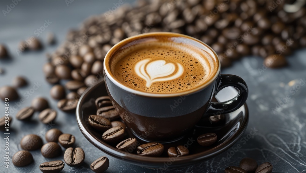 Poster rich espresso coffee in a black cup with heart latte art surrounded by coffee beans on a textured ba