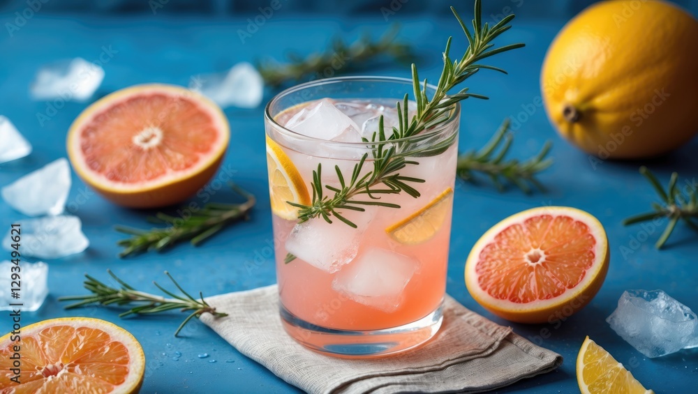 Poster refreshing grapefruit lemonade cocktail with rosemary served on a blue background surrounded by citr