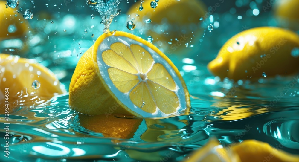 Aufkleber Fresh lemon slice splashing in water surrounded by whole lemons creating a vibrant and refreshing summer atmosphere.
