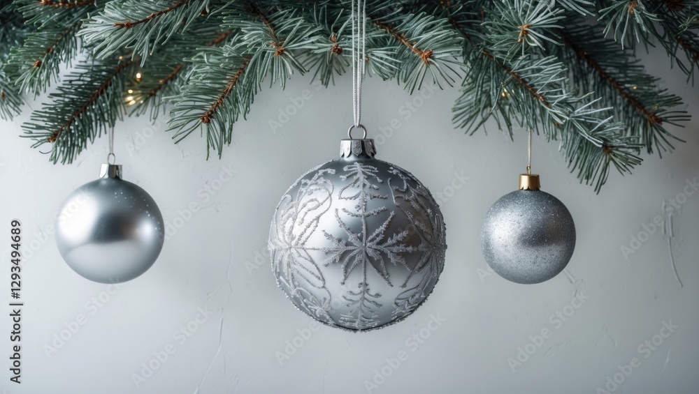 Poster elegant silver christmas ornaments hanging from pine branches on a white background creating a festi
