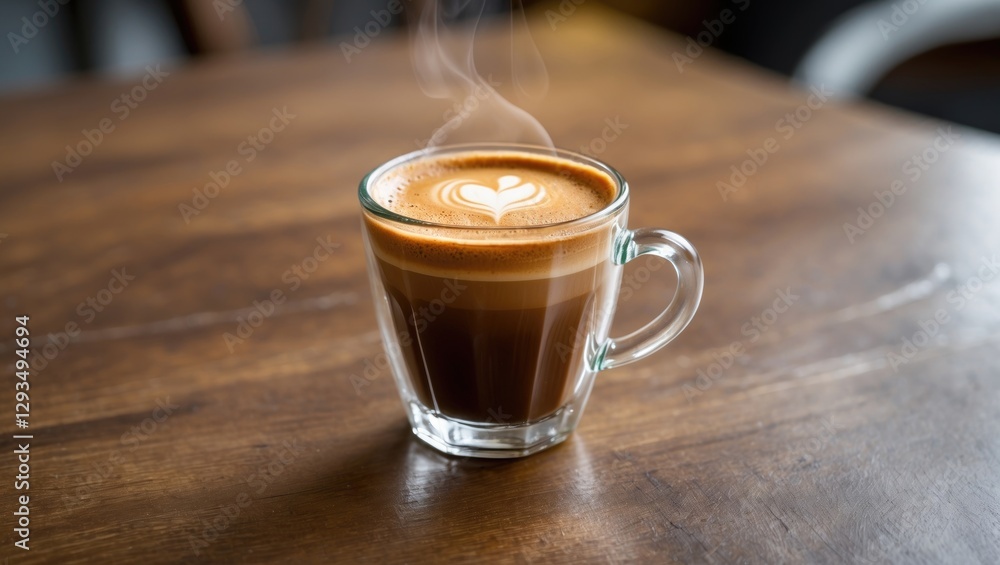 Poster aromatic hot espresso coffee with latte art in a clear glass on a rustic wooden table setting