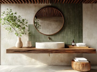 A bathroom with a sink and a mirror. A vase with a plant is on the counter