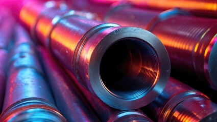 Closeup of metallic pipes with external threads showcasing intricate details and reflections in vibrant lighting. Suitable for industrial visuals.