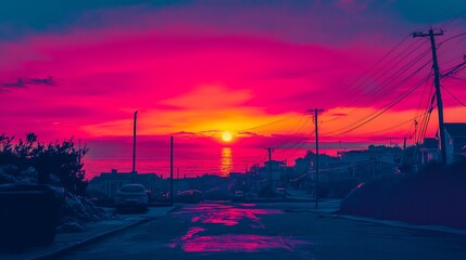 Vibrant sunset over suburban street, reflecting on wet road.