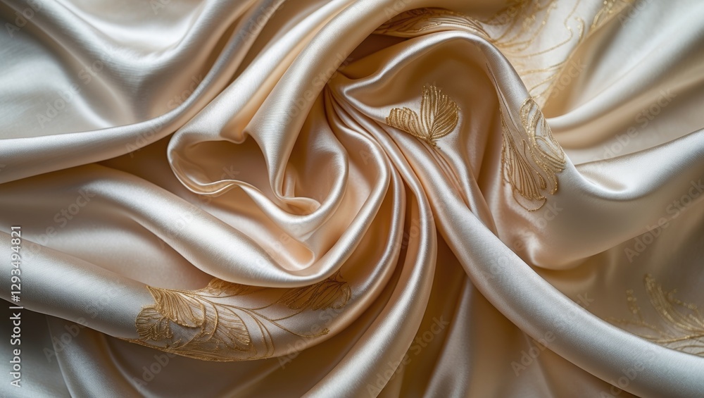 Poster elegant cream silk fabric with intricate golden embroidery showcasing luxurious texture and detailed