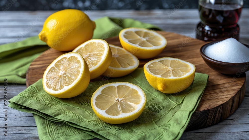 Poster freshly sliced lemons with sugar on a wooden board surrounded by green napkin and dark syrup in a bo