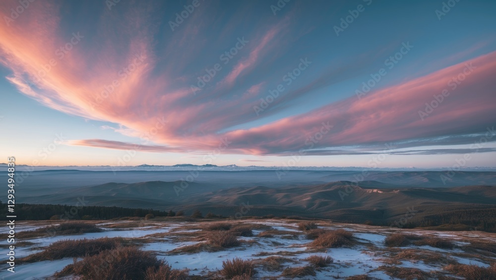 Poster colorful sunset over mountainous landscape with snow and lush greenery in the foreground displaying 