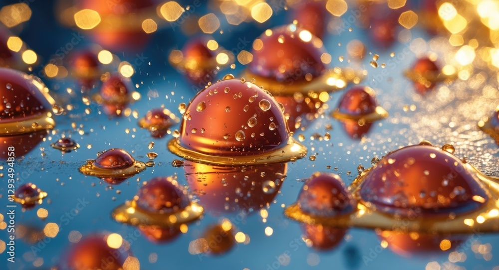 Poster close-up of golden water droplets on a reflective glass surface with bokeh lights creating a sparkli
