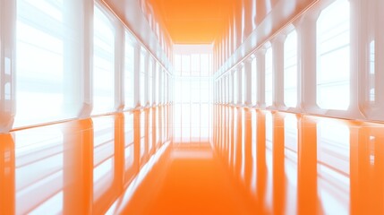 Obraz premium Futuristic orange corridor, bright lights, reflective floor, background, architecture, design
