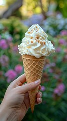Hand Holding Ice Cream Cone with Whipped Cream and Toppings in a Garden Setting