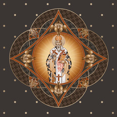 Basil of Ostrog. Decorative vintage dome with 4 apostles and seraphim. Illustration in Byzantine style