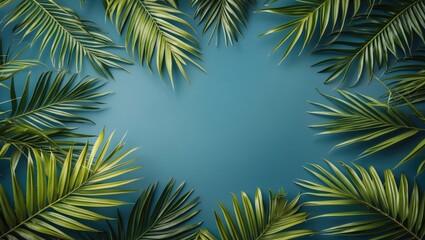 Tropical Palm Leaves Framing Teal Background Ideal For Text Overlay In Nature Inspired Designs