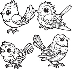 Charming Cartoon Bird Silhouettes - Black and White Avian Illustrations