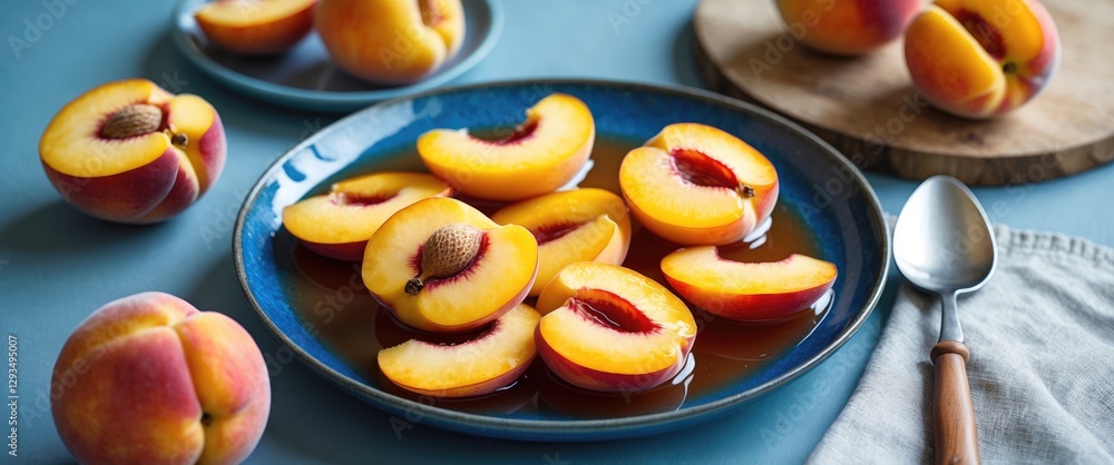 Poster sliced yellow peaches in syrup on a blue plate with fresh peaches and spoon on a table setting