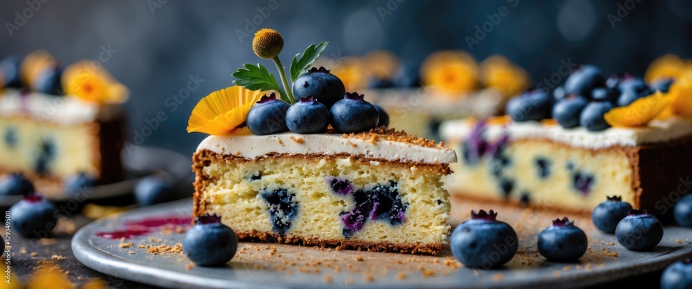 Aufkleber delicious slice of cake topped with blueberries and edible flowers on a decorative plate with blurre