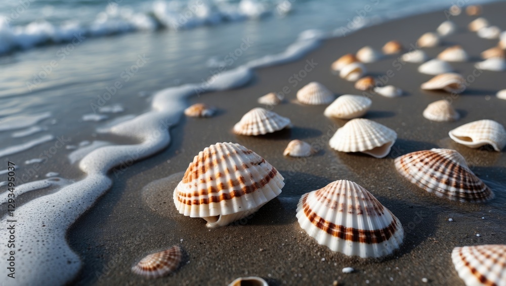 Poster seashells scattered on sandy beach with gentle waves rolling in, creating a serene coastal atmospher