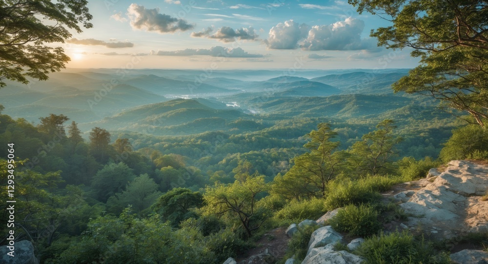 Poster scenic mountain view at sunrise with lush greenery and open space for text overlays