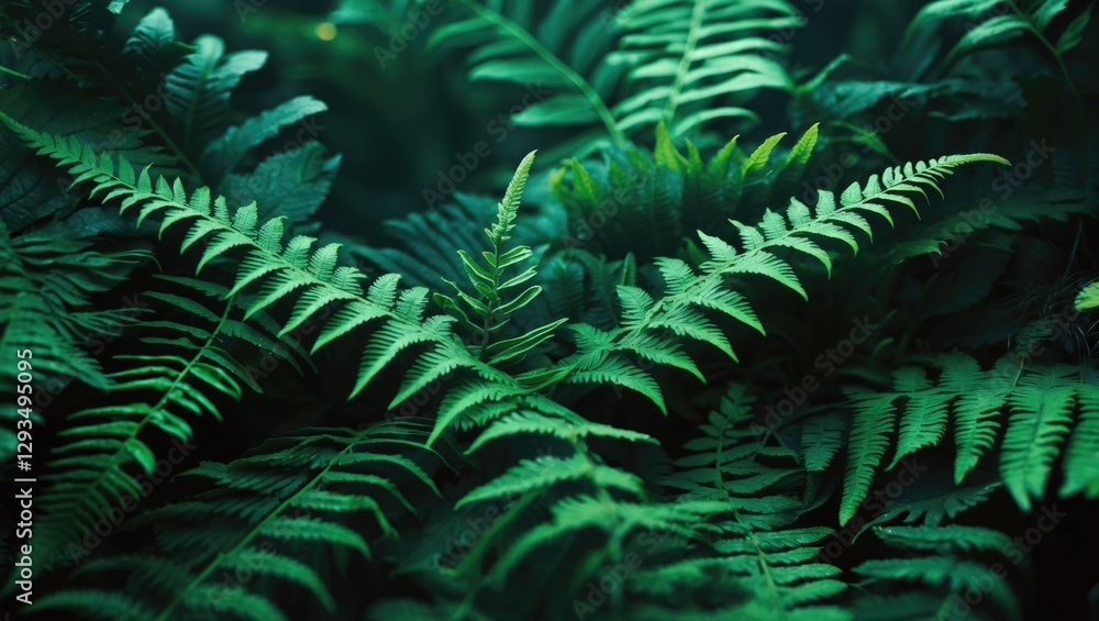 Aufkleber Close-up of lush dark green ferns creating an abstract pattern with selectively focused fern leaves showcasing rich textures and shades.