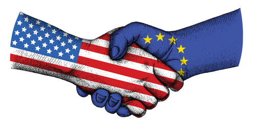 Handshake with flags of EU and USA