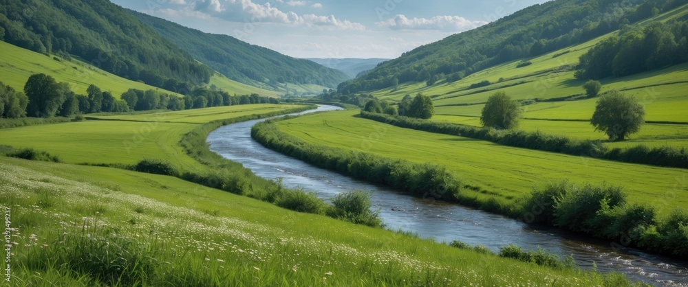 Aufkleber serene green summer meadow overlooking a meandering river with expansive views and open space for te