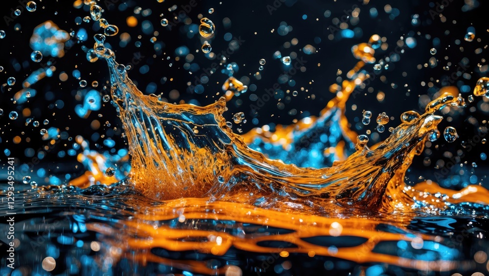 Poster vibrant water splash with dynamic droplets against a dark background creating a stunning visual effe