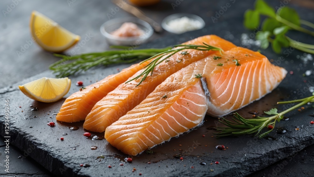 Aufkleber Fresh Salmon Fillets with Lemon and Herbs on Dark Slate Background for Culinary Text Overlay