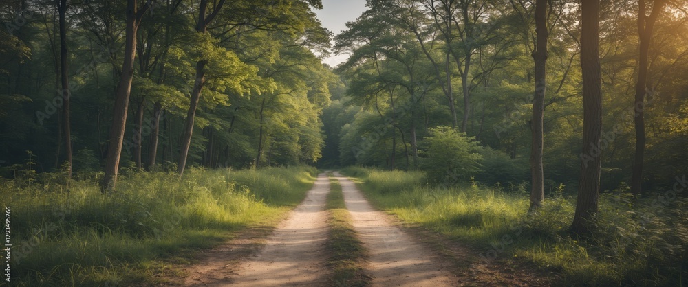 Poster tranquil summer forest pathway surrounded by lush greenery ideal for nature walks with space for cus