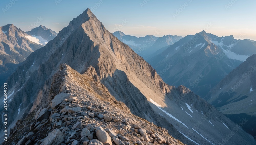 Poster majestic alpine mountain range at sunrise with sharp peaks and rugged terrain captured in scenic lan