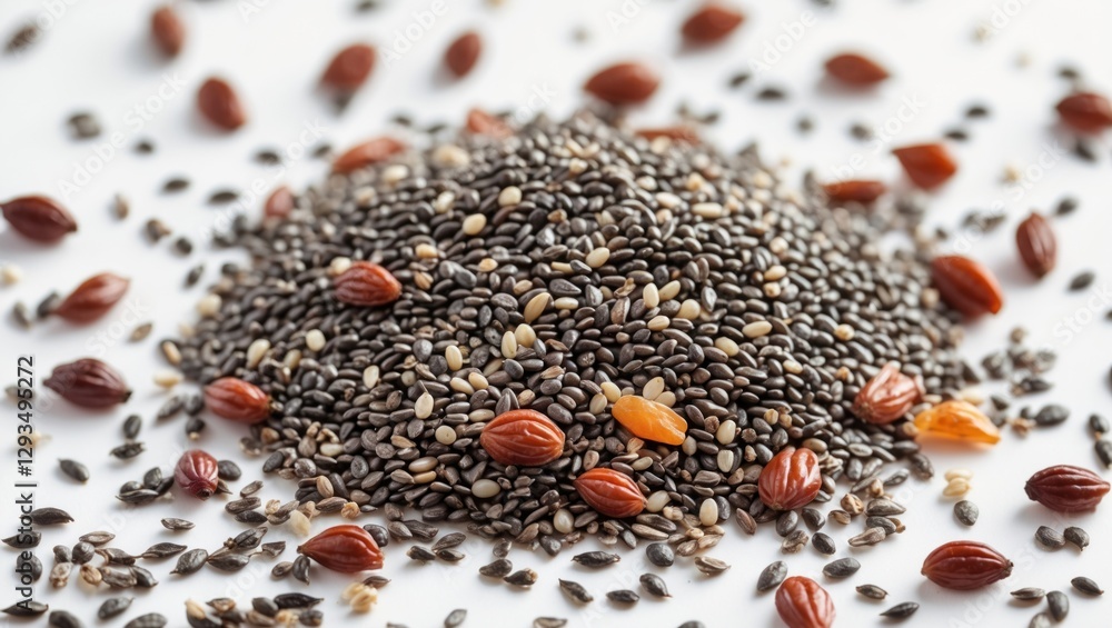Poster chia seeds closeup on white background showcasing nutritional superfood texture and variety in an ar