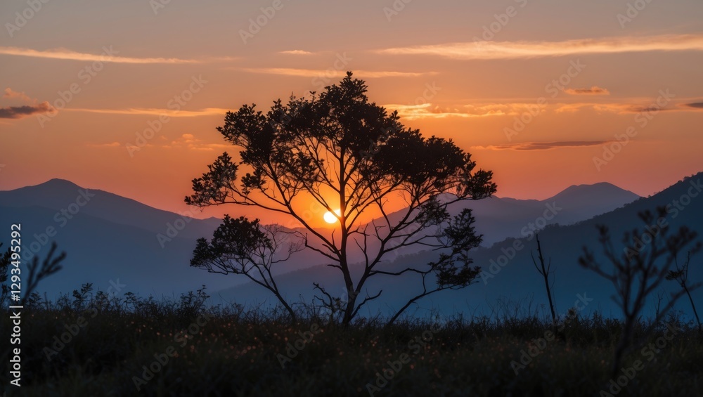 Poster Silhouette of a tree at sunset with mountains in the background creating a serene landscape scene in nature during golden hour.