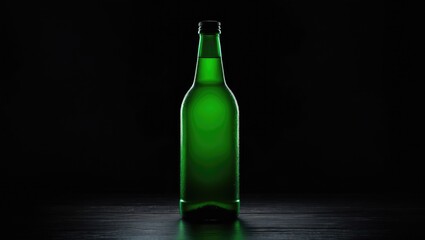 Green glass bottle silhouette against a dark background highlighting its sleek design and elegant contours in a minimalist composition.