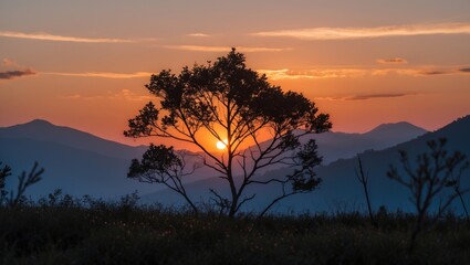 Silhouette of a tree at sunset with mountains in the background creating a serene landscape scene in nature during golden hour.