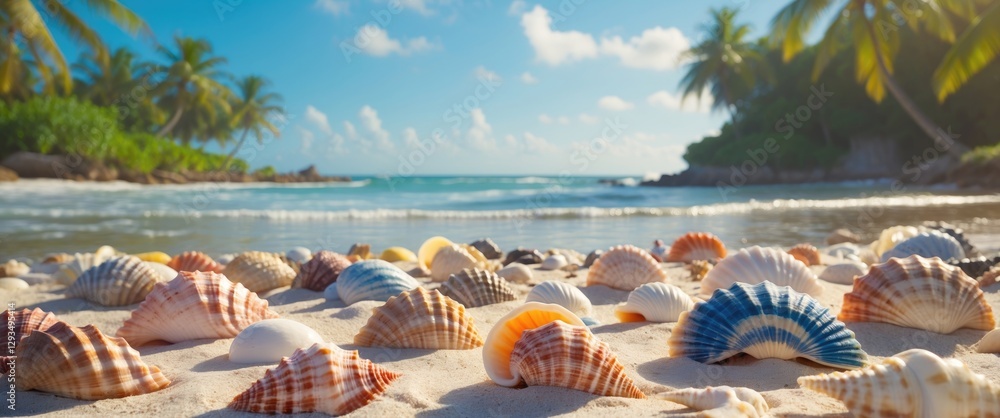 Poster Tropical Beach Scene Featuring Beautifully Colored Seashells on Soft Sand with Palm Trees and Ocean View in the Background