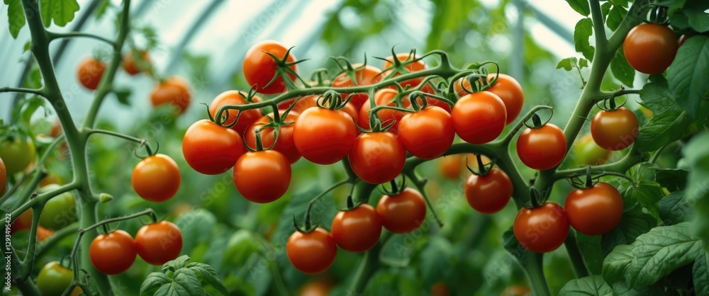 Poster ripe tomatoes on vine in a greenhouse showcasing vibrant red color with lush greenery in blurred bac