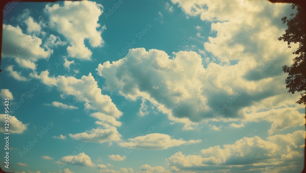 Poster majestic blue sky with fluffy white clouds illuminated by sunlight creating a serene and tranquil at