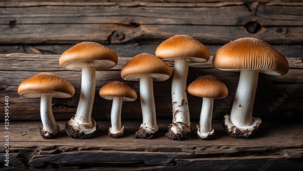 Poster seven leccinum scabrum mushrooms of varying sizes arranged on a rustic wooden plank background showc