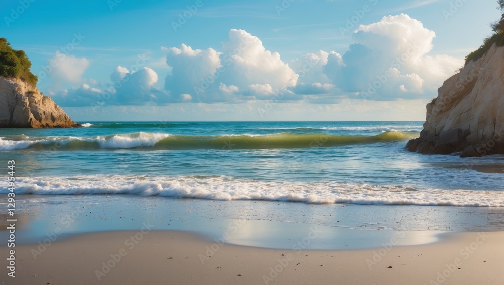 Poster serene coastal landscape with gentle waves and clouds overhead ideal for text overlay and beach-them