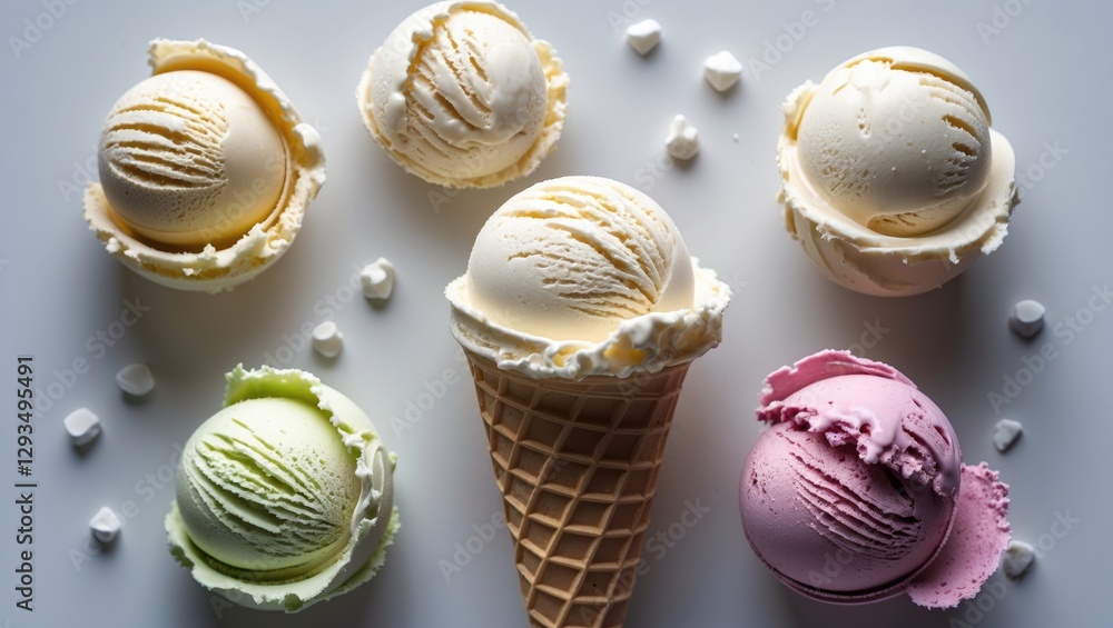 Poster assorted ice cream scoops in various flavors on a white background with a cone. top view of deliciou
