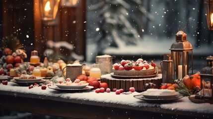Fototapeta premium Festive Winter Table Setting with Dessert and Lanterns in Snow